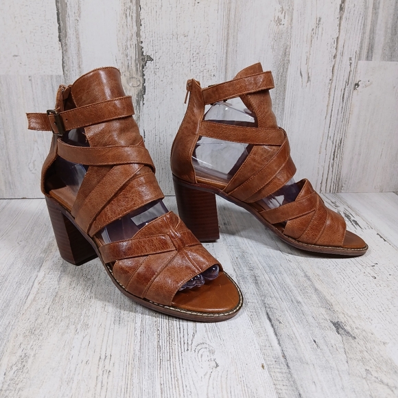 Jeffrey Campbell x Free People Cognac Brown Leather Block Heel Sandals #733 - Picture 6 of 13